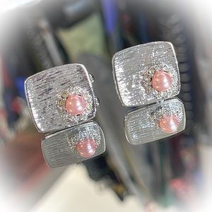 💕Beautiful Vintage Silver-tone Cufflinks Pink Pearl💕